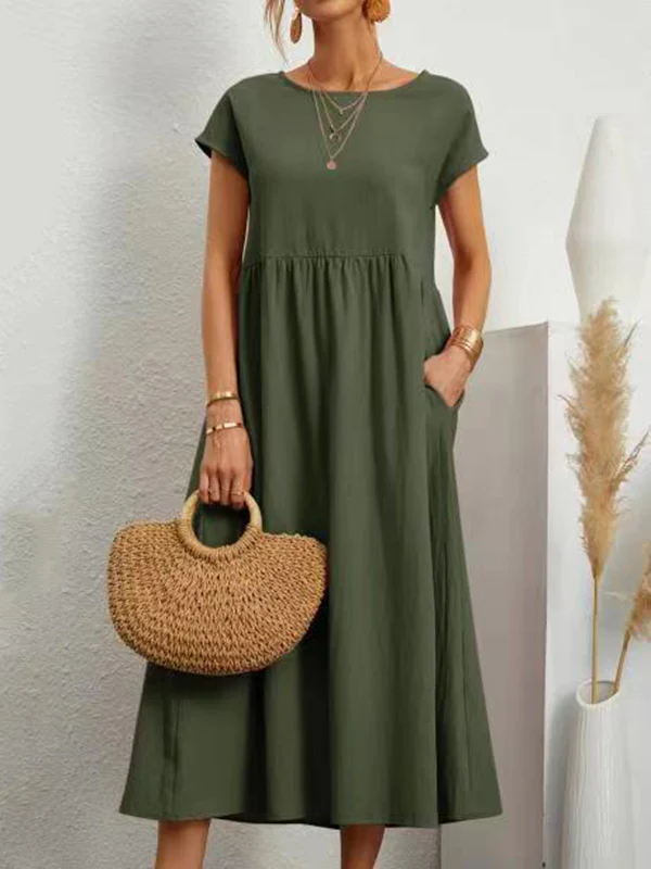 Loose Short Sleeves Pleated Solid Color Round-Neck Midi Dresses - Image 6