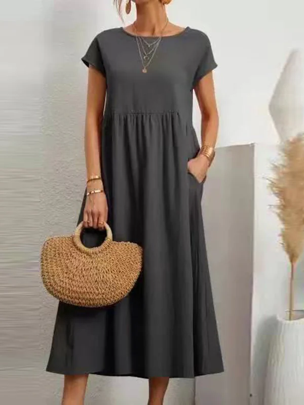 Loose Short Sleeves Pleated Solid Color Round-Neck Midi Dresses - Image 8