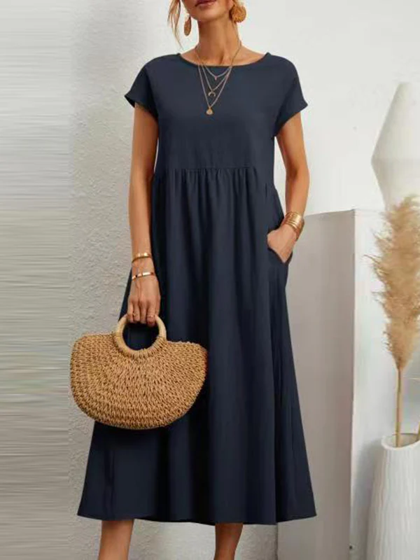 Loose Short Sleeves Pleated Solid Color Round-Neck Midi Dresses - Image 9
