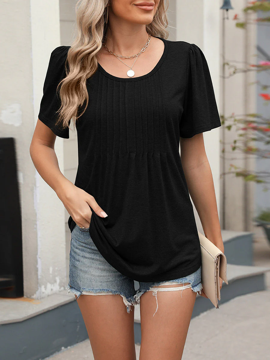 Loose Short Sleeves Pleated Solid Color Round-Neck T-Shirts Tops - Image 8