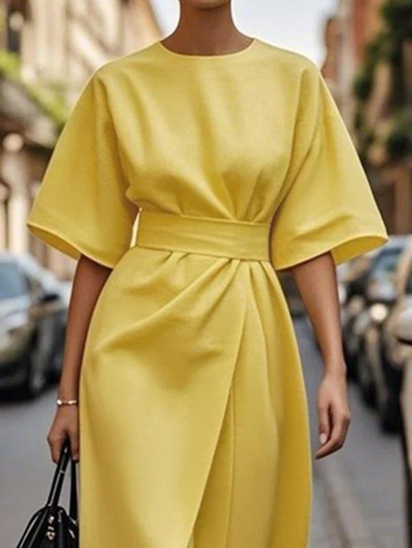 Loose Short Sleeves Pleated Solid Color Split-Joint Round-Neck Midi Dresses - Image 2