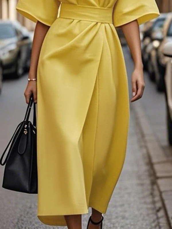 Loose Short Sleeves Pleated Solid Color Split-Joint Round-Neck Midi Dresses - Image 3