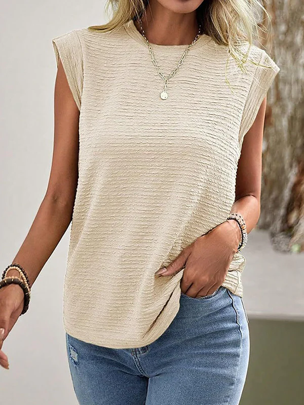 Loose Short Sleeves Pleated Solid Color Split-Joint Round-Neck T-Shirts - Image 10