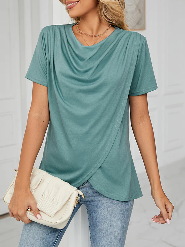 Loose Short Sleeves Pleated Solid Color Split-Joint Round-Neck T-Shirts - Image 4