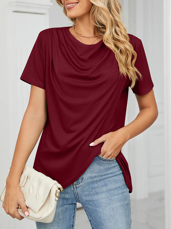 Loose Short Sleeves Pleated Solid Color Split-Joint Round-Neck T-Shirts - Image 5