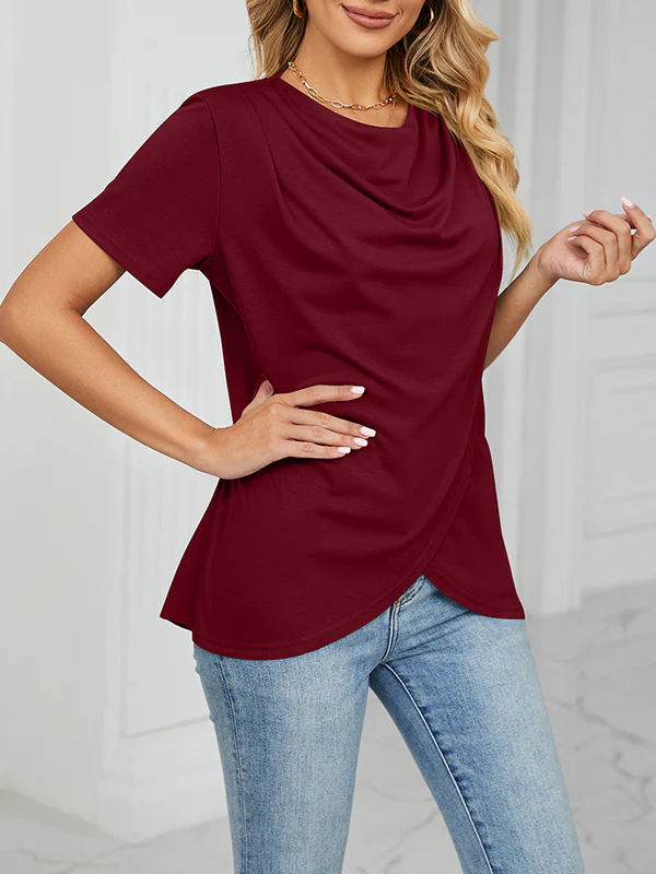 Loose Short Sleeves Pleated Solid Color Split-Joint Round-Neck T-Shirts - Image 6