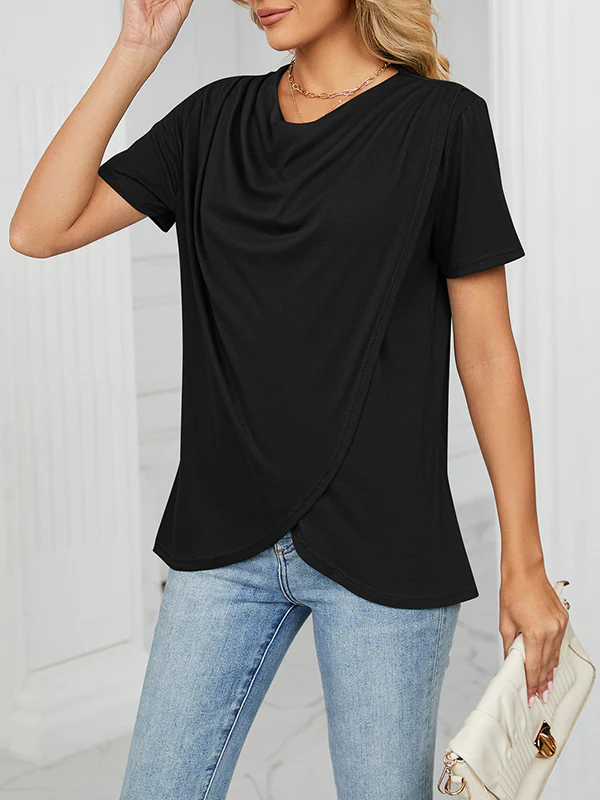 Loose Short Sleeves Pleated Solid Color Split-Joint Round-Neck T-Shirts - Image 7