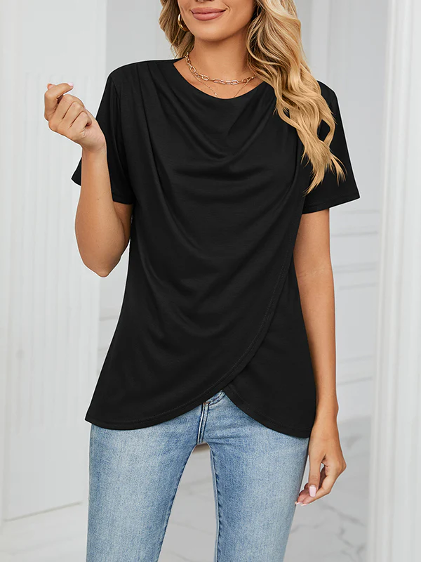 Loose Short Sleeves Pleated Solid Color Split-Joint Round-Neck T-Shirts - Image 8