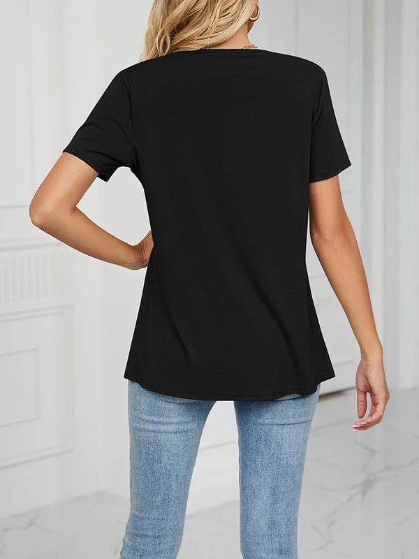 Loose Short Sleeves Pleated Solid Color Split-Joint Round-Neck T-Shirts - Image 9