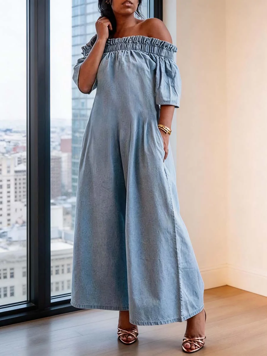 Loose Short Sleeves Pleated Solid Color Split-Joint Stretch; Elastic Off-The-Shoulder Jumpsuits - Image 2