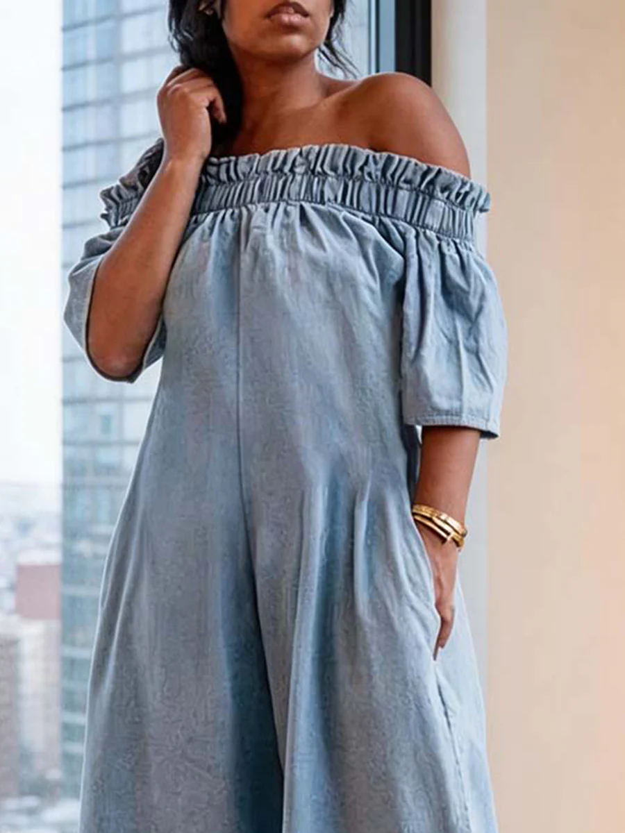 Loose Short Sleeves Pleated Solid Color Split-Joint Stretch; Elastic Off-The-Shoulder Jumpsuits - Image 3