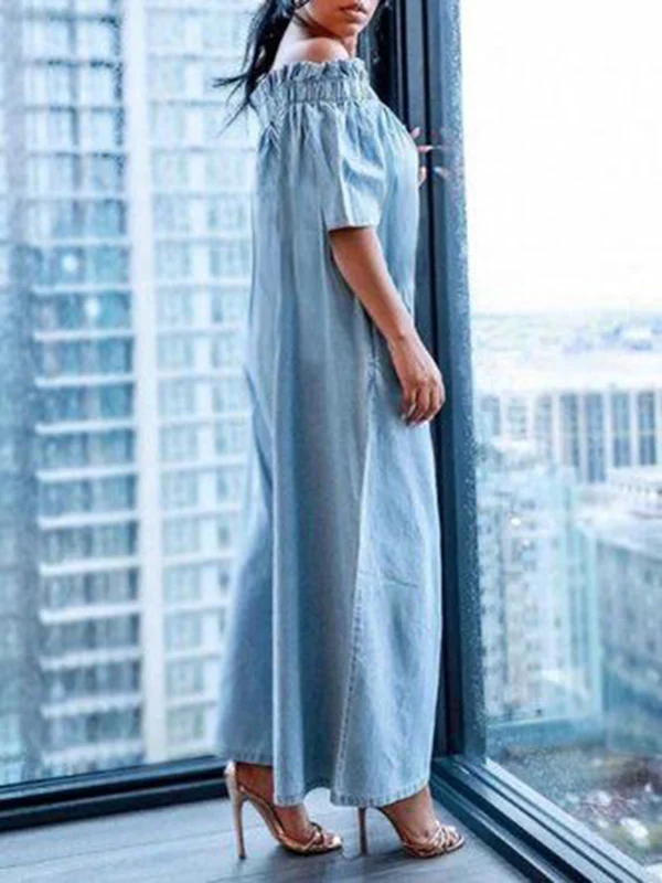 Loose Short Sleeves Pleated Solid Color Split-Joint Stretch; Elastic Off-The-Shoulder Jumpsuits - Image 5