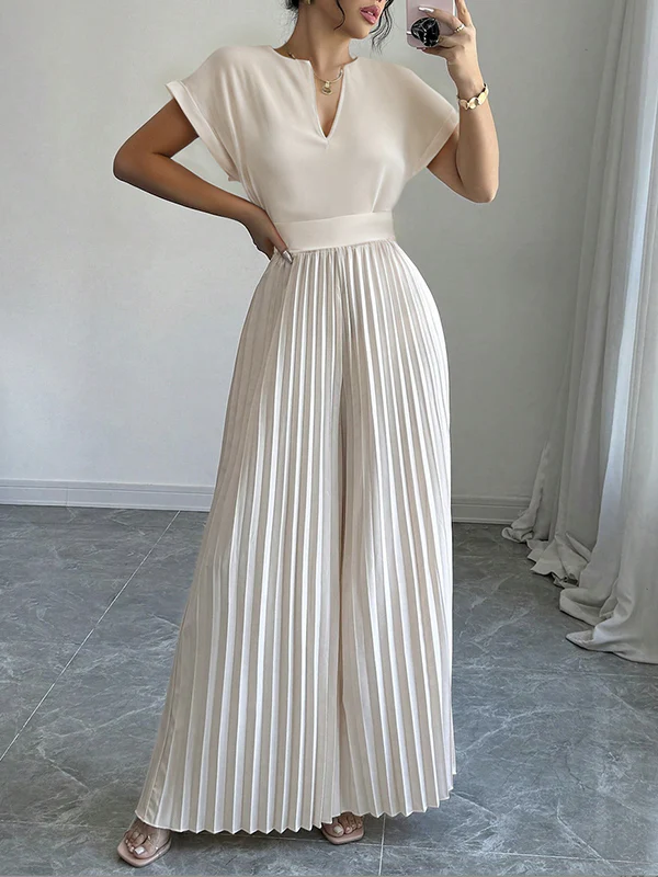 Loose Short Sleeves Pleated Solid Color Split-Joint V-Neck Jumpsuits - Image 2