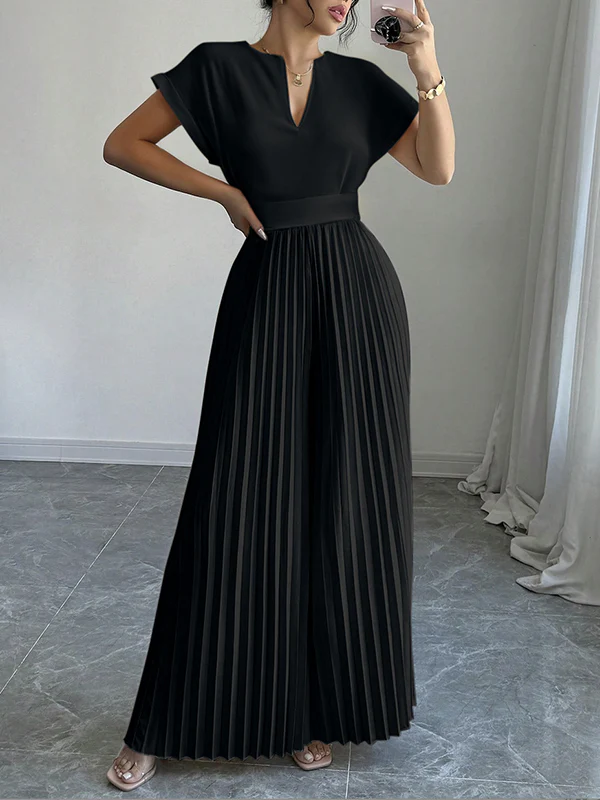 Loose Short Sleeves Pleated Solid Color Split-Joint V-Neck Jumpsuits - Image 3