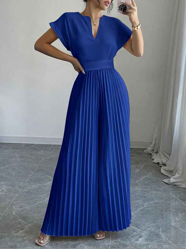 Loose Short Sleeves Pleated Solid Color Split-Joint V-Neck Jumpsuits - Image 4
