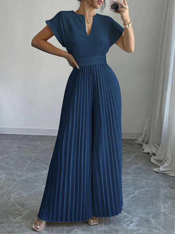 Loose Short Sleeves Pleated Solid Color Split-Joint V-Neck Jumpsuits - Image 5