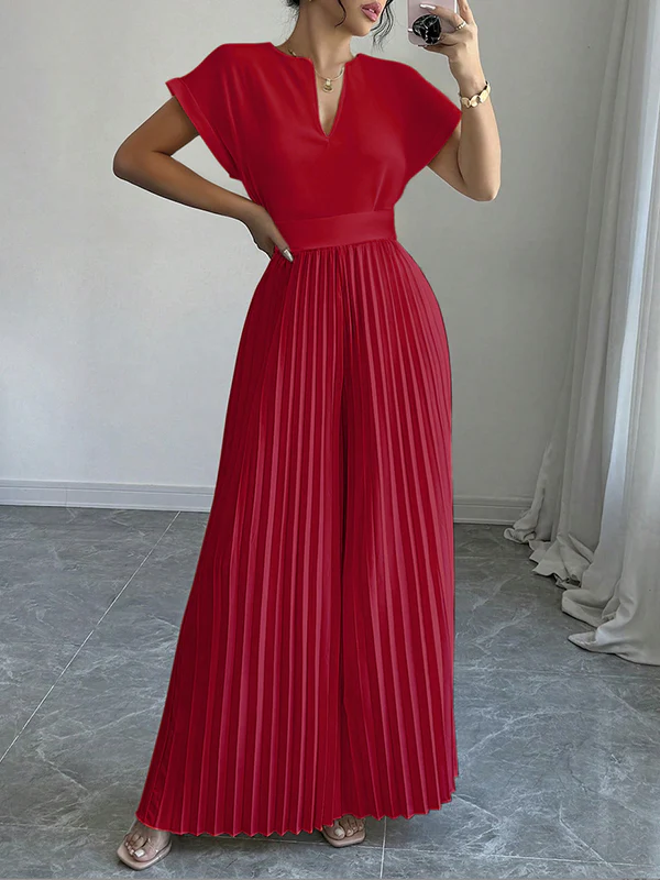 Loose Short Sleeves Pleated Solid Color Split-Joint V-Neck Jumpsuits - Image 6