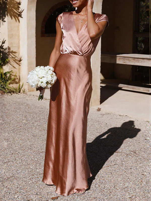 Loose Short Sleeves Pleated Solid Color Split-Joint V-Neck Maxi Dresses - Image 11