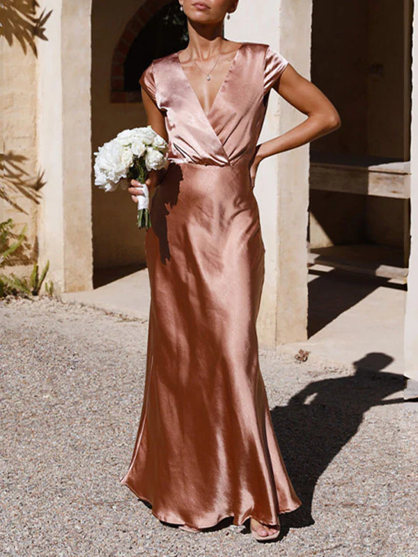 Loose Short Sleeves Pleated Solid Color Split-Joint V-Neck Maxi Dresses - Image 12