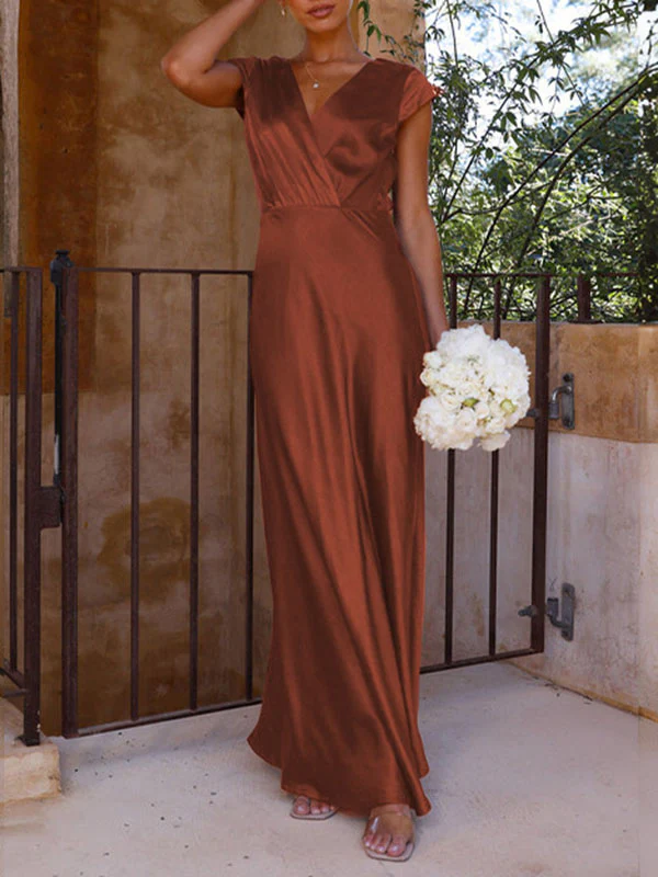 Loose Short Sleeves Pleated Solid Color Split-Joint V-Neck Maxi Dresses - Image 8