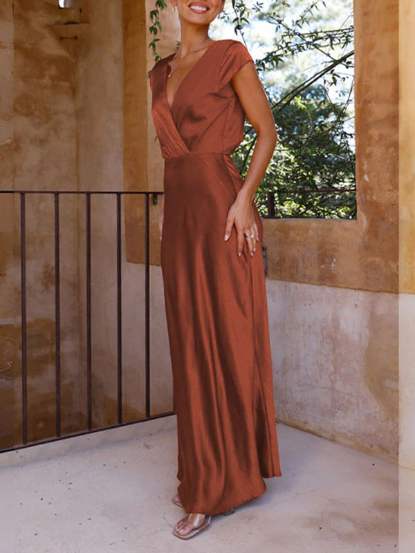 Loose Short Sleeves Pleated Solid Color Split-Joint V-Neck Maxi Dresses - Image 9