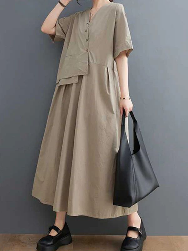 Loose Short Sleeves Pleated Solid Color Split-Joint V-Neck Midi Dresses - Image 10