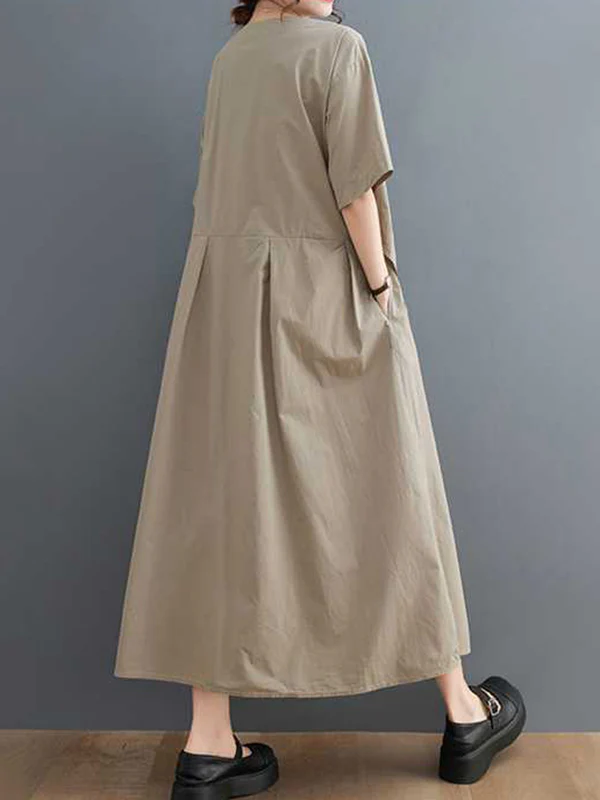 Loose Short Sleeves Pleated Solid Color Split-Joint V-Neck Midi Dresses - Image 11