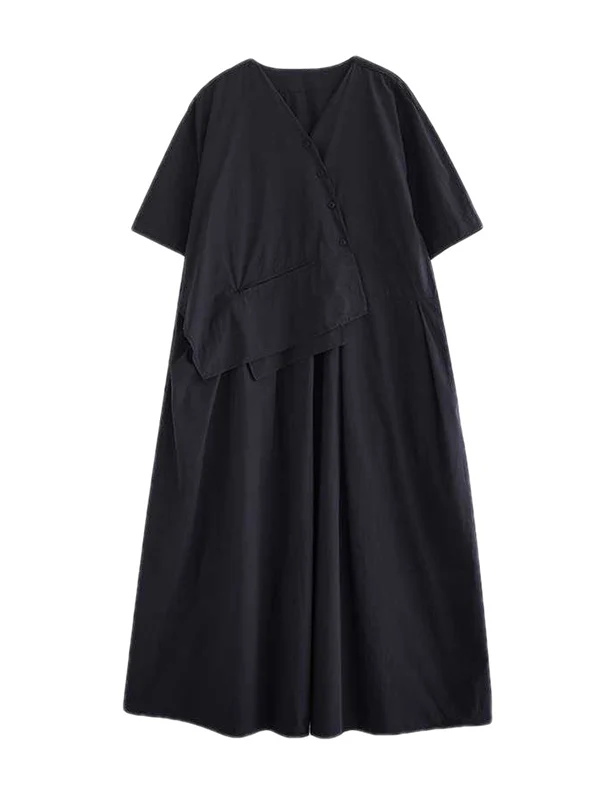 Loose Short Sleeves Pleated Solid Color Split-Joint V-Neck Midi Dresses - Image 12