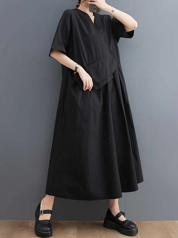 Loose Short Sleeves Pleated Solid Color Split-Joint V-Neck Midi Dresses - Image 2