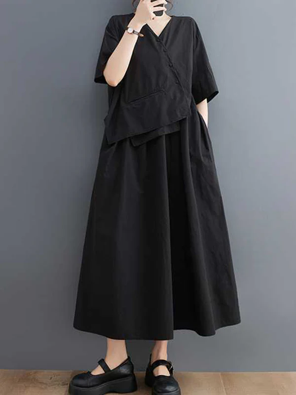 Loose Short Sleeves Pleated Solid Color Split-Joint V-Neck Midi Dresses - Image 3