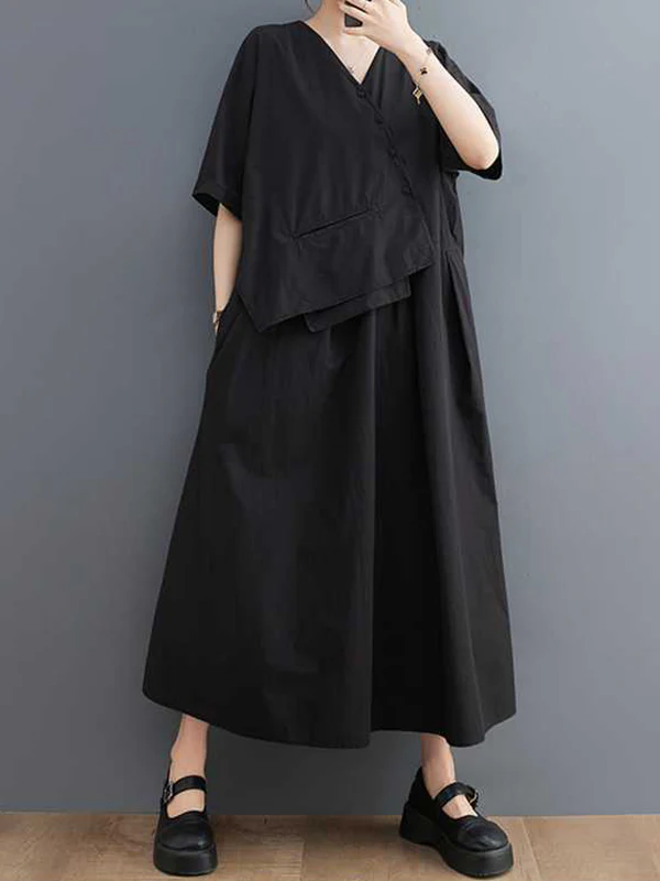 Loose Short Sleeves Pleated Solid Color Split-Joint V-Neck Midi Dresses - Image 4