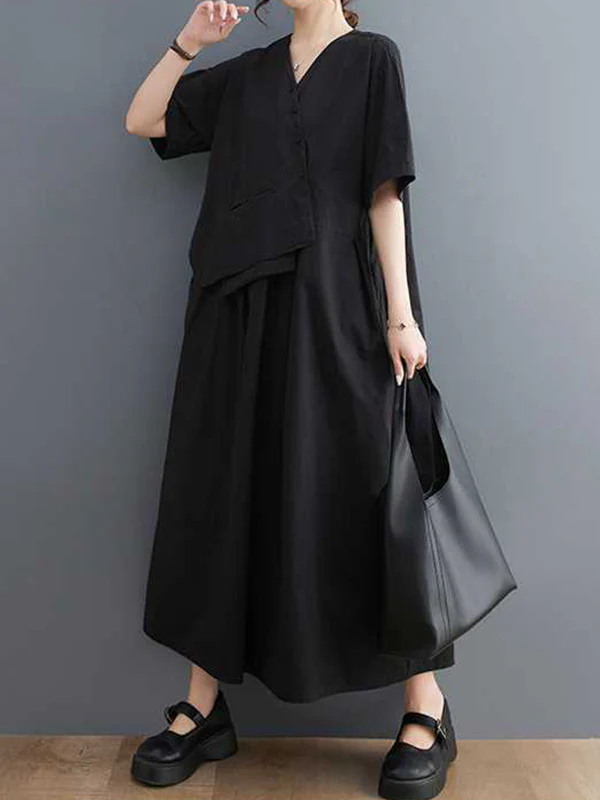 Loose Short Sleeves Pleated Solid Color Split-Joint V-Neck Midi Dresses - Image 5