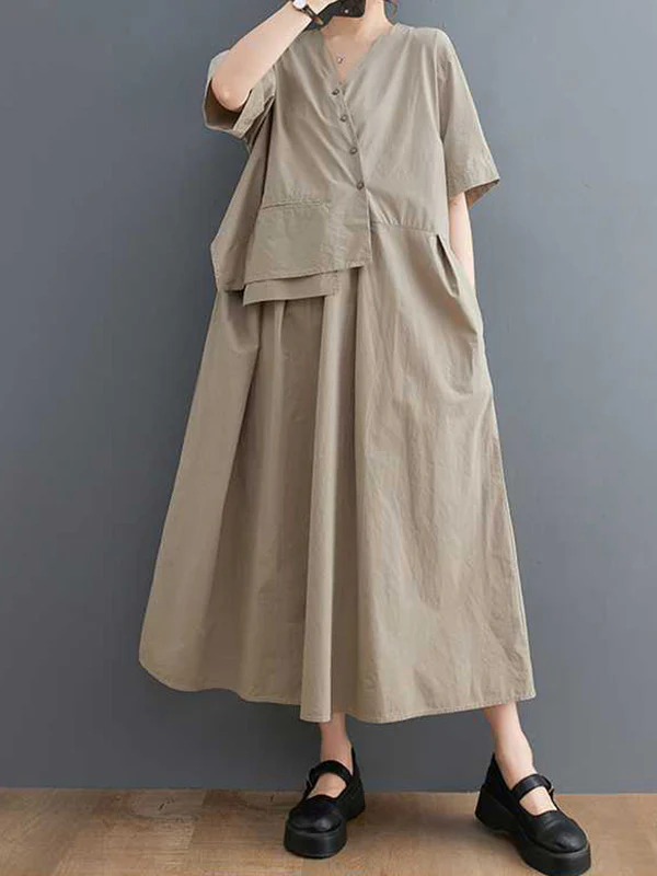 Loose Short Sleeves Pleated Solid Color Split-Joint V-Neck Midi Dresses - Image 6