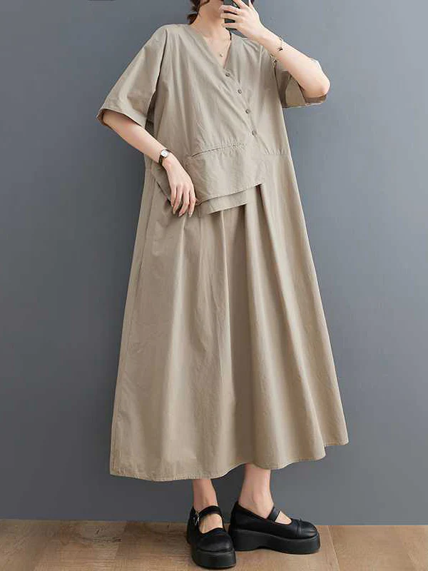 Loose Short Sleeves Pleated Solid Color Split-Joint V-Neck Midi Dresses - Image 7