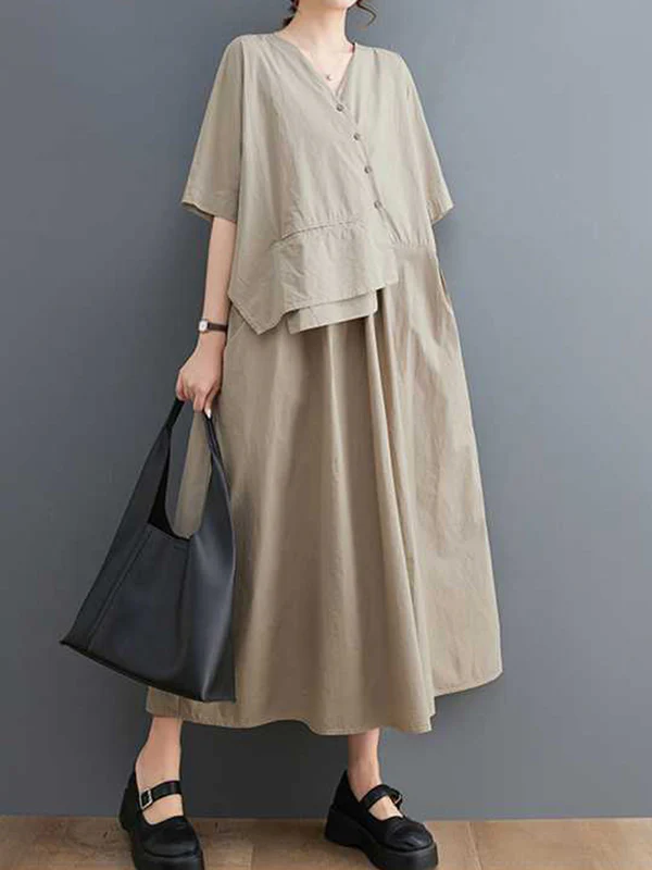 Loose Short Sleeves Pleated Solid Color Split-Joint V-Neck Midi Dresses - Image 8