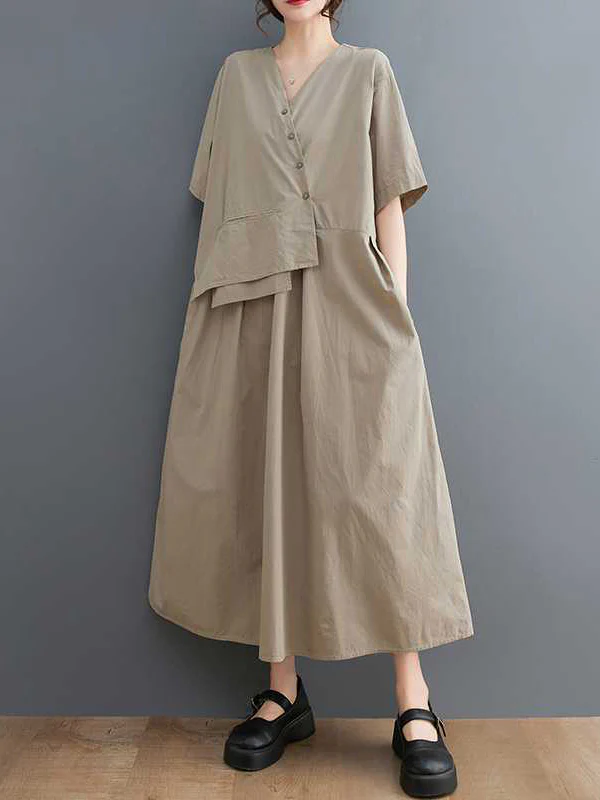 Loose Short Sleeves Pleated Solid Color Split-Joint V-Neck Midi Dresses - Image 9