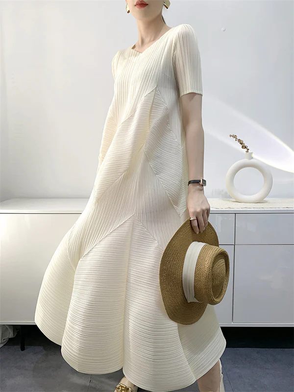 Loose Short Sleeves Pleated Solid Color Split-Joint V-Neck Midi Dresses - Image 2