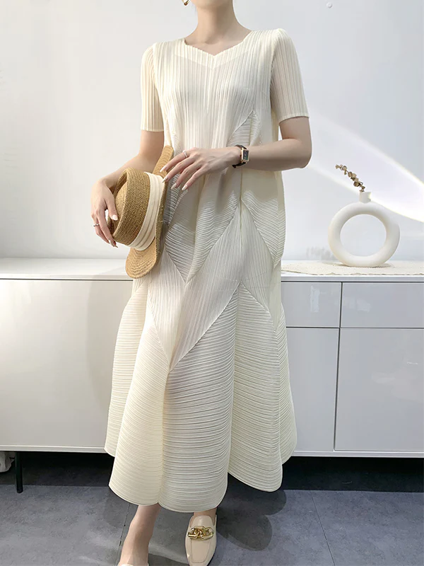 Loose Short Sleeves Pleated Solid Color Split-Joint V-Neck Midi Dresses - Image 3