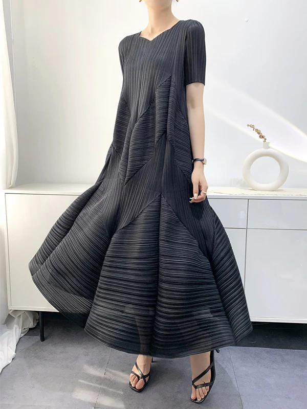 Loose Short Sleeves Pleated Solid Color Split-Joint V-Neck Midi Dresses - Image 7