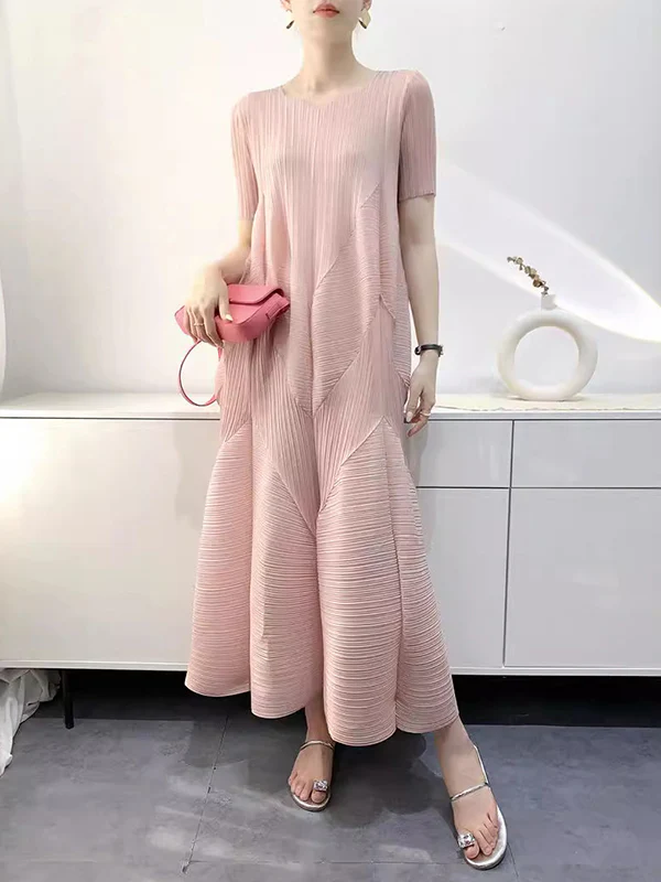 Loose Short Sleeves Pleated Solid Color Split-Joint V-Neck Midi Dresses - Image 8