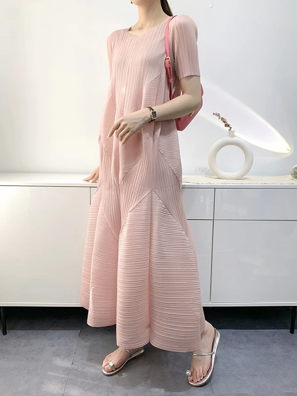 Loose Short Sleeves Pleated Solid Color Split-Joint V-Neck Midi Dresses - Image 9