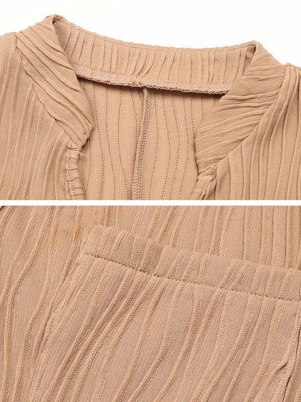 Loose Short Sleeves Pleated Solid Color Split-Joint V-Neck Mini Dresses - Image 7