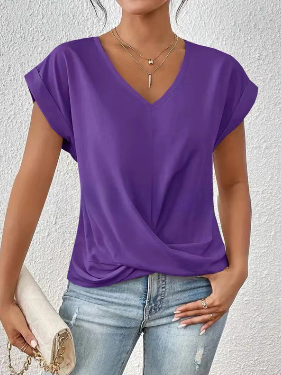 Loose Short Sleeves Pleated Solid Color V-Neck T-Shirts Tops - Image 2