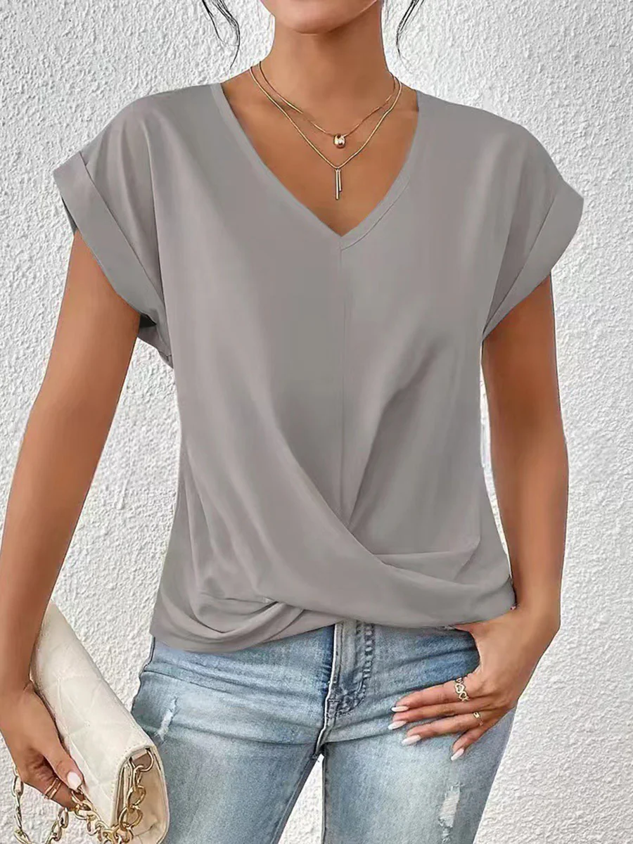 Loose Short Sleeves Pleated Solid Color V-Neck T-Shirts Tops - Image 3