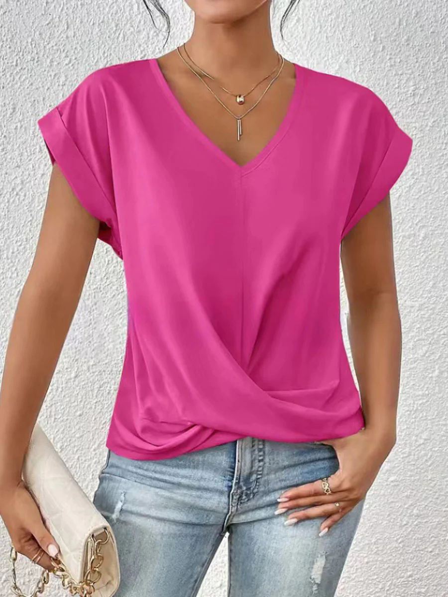 Loose Short Sleeves Pleated Solid Color V-Neck T-Shirts Tops - Image 4