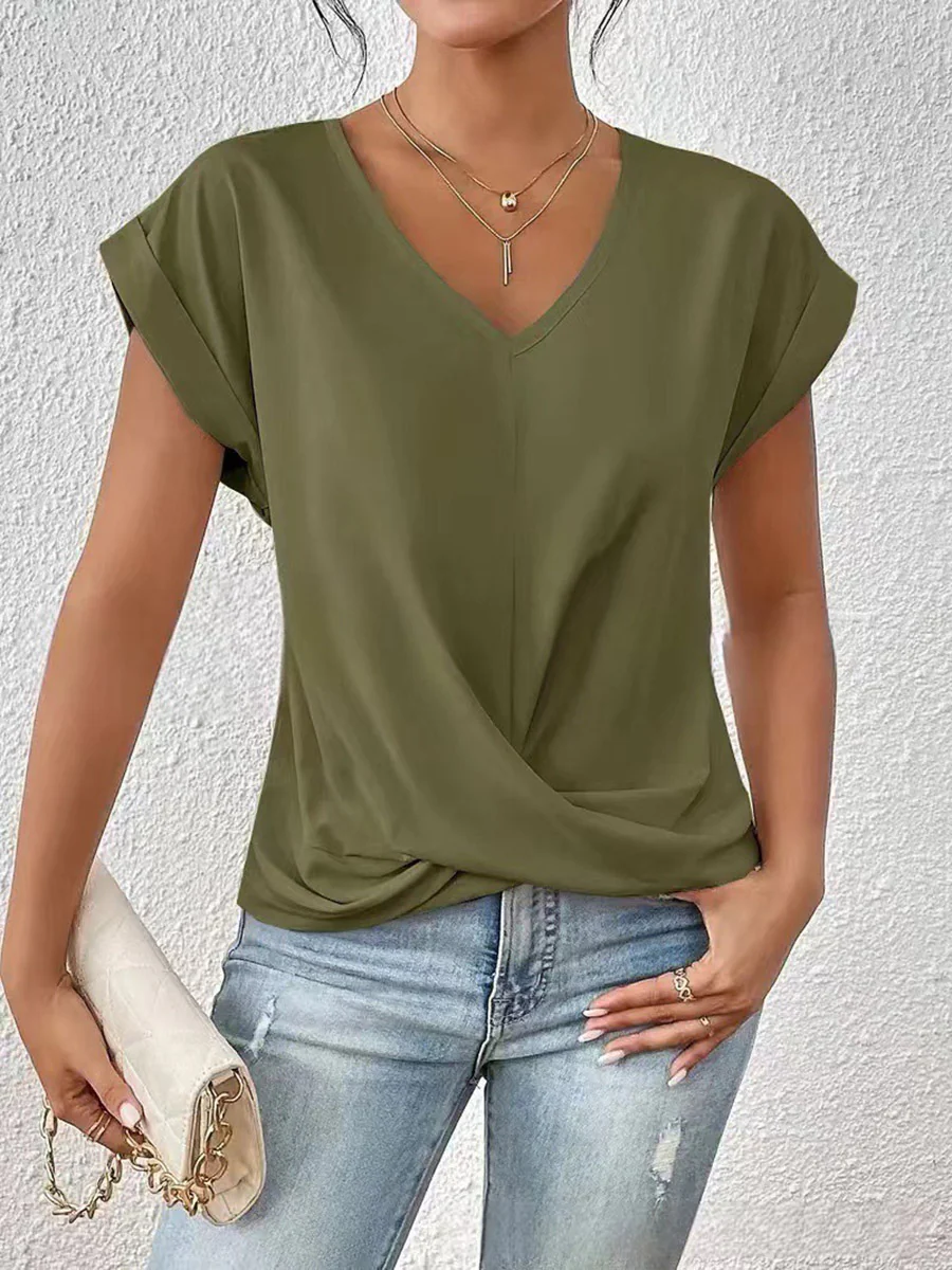 Loose Short Sleeves Pleated Solid Color V-Neck T-Shirts Tops - Image 5