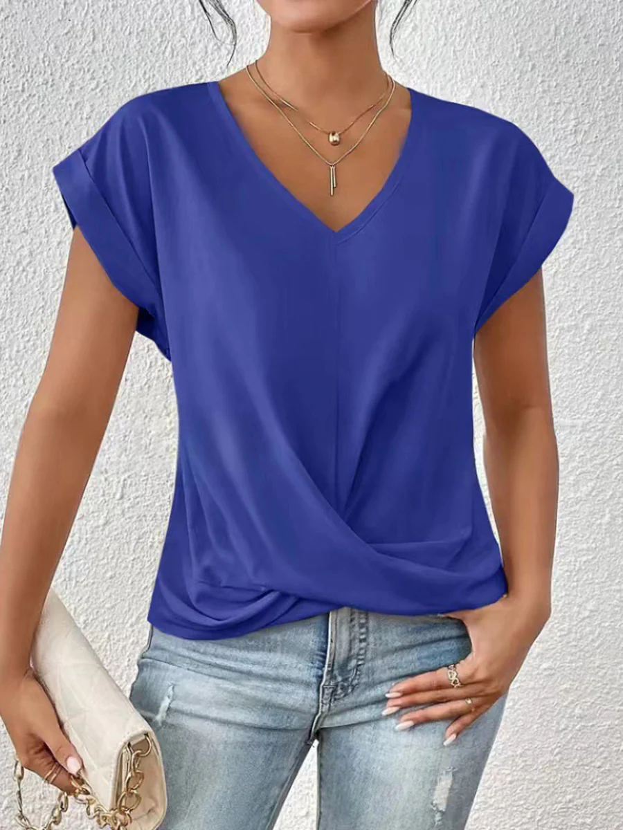 Loose Short Sleeves Pleated Solid Color V-Neck T-Shirts Tops - Image 6