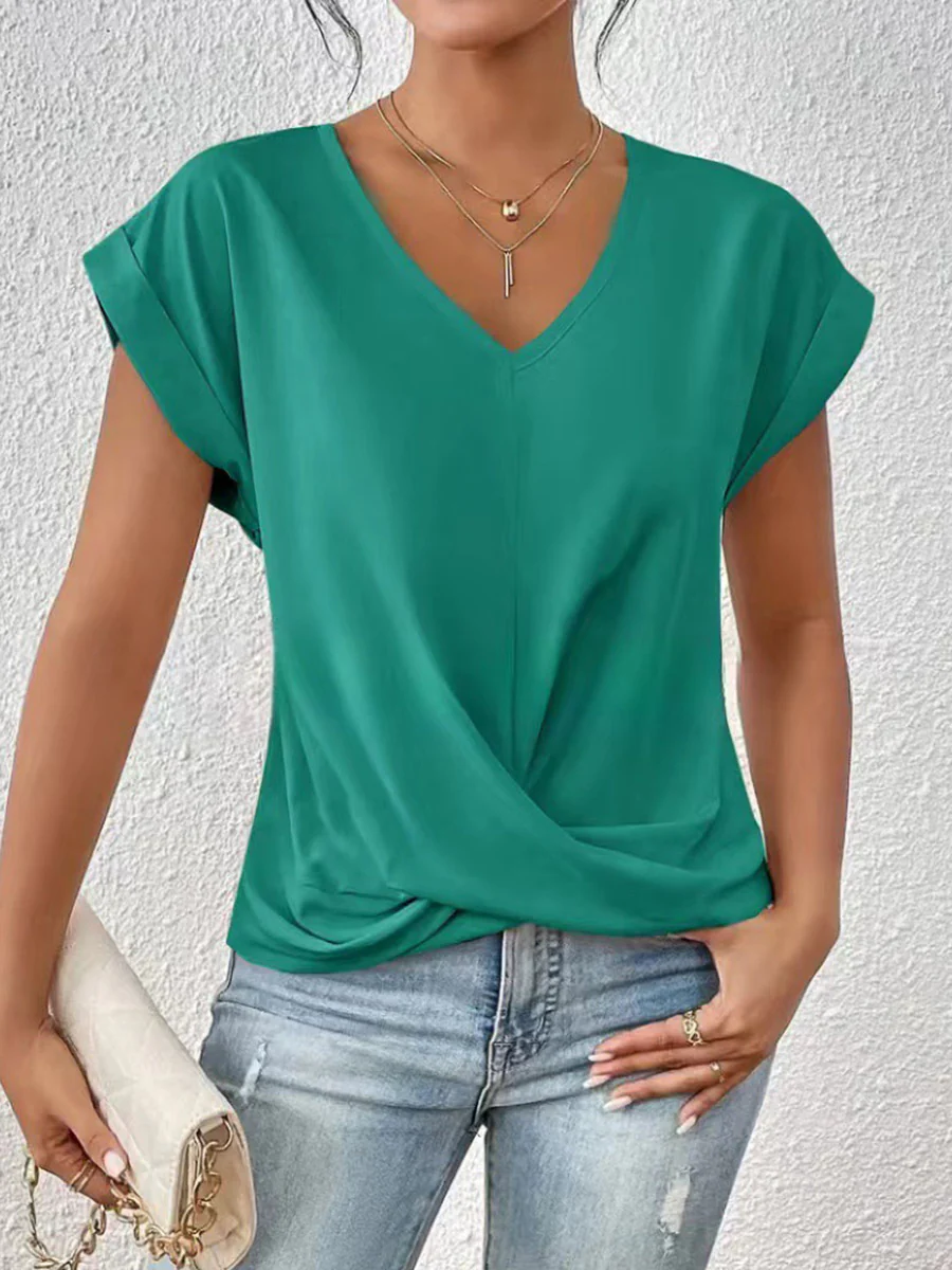Loose Short Sleeves Pleated Solid Color V-Neck T-Shirts Tops - Image 7