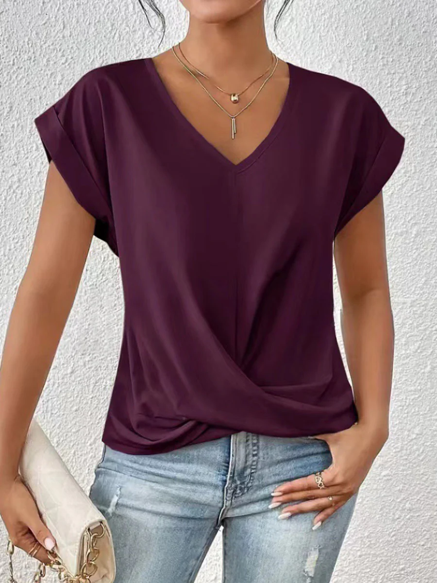 Loose Short Sleeves Pleated Solid Color V-Neck T-Shirts Tops - Image 8