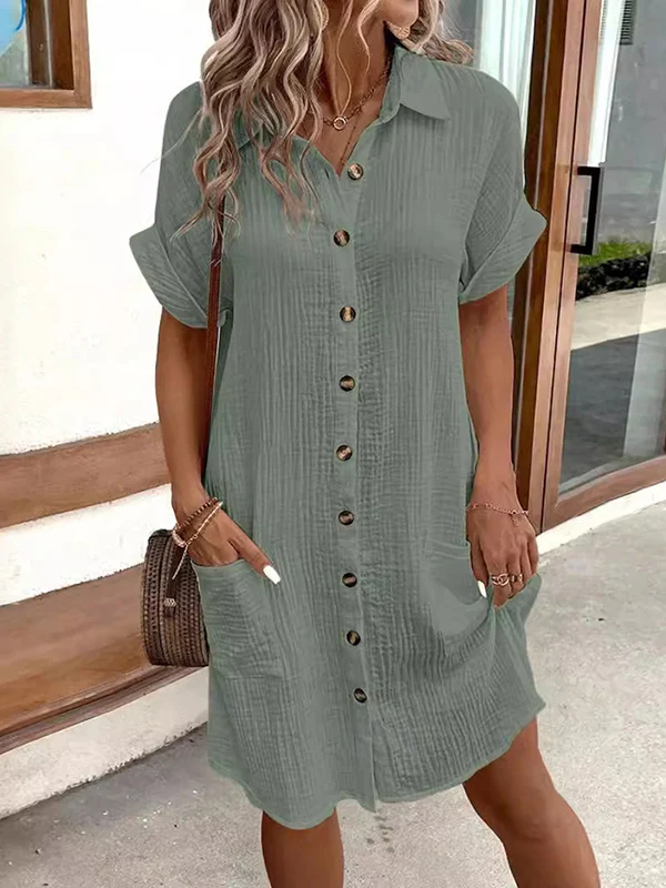 Loose Short Sleeves Pleated Split-Joint Lapel Mini Dresses Shirt Dress - Image 4